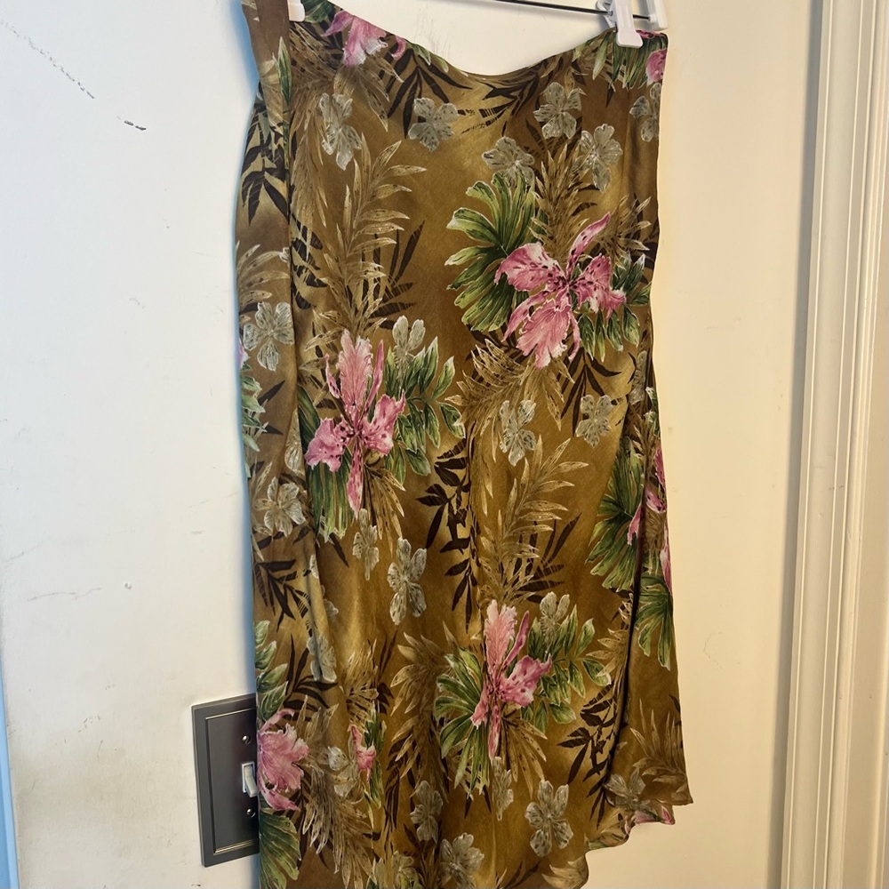Charter Club Brown Floral Midi Skirt Size 12 Pink Green A-Line Casual
